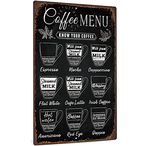 Decor Coffee Menu Wall Sign, Vintage Coffee Bar Decor for Eating places, Cafes Pubs, Workplace, 12 x 8 Inches Aluminum Steel Sign.