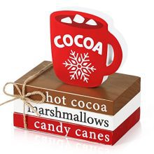 Christmas Wood Decor, Hot Cocoa Decorative Books Stack, Xmas Mini Faux Book Decor for Tiered Tray Coffee Cocoa Bar Table