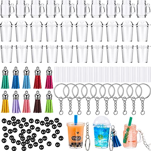 IY Mini Cup Keychain Equipment Equipment - 290 Pieces | Coffee Cup Charms, Tassels, Rings, and Beads for Inventive Keychain Decor Making.