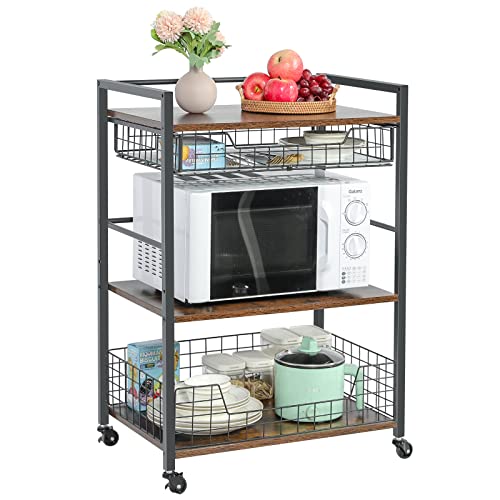 Microwave Cart with Wire Basket, 3-Tier Industrial Microwave Stand for House, Cellular & Lockable Kitchen Utility Cart with Storage for Kitchen, Dwelling Room, Rustic Brown.