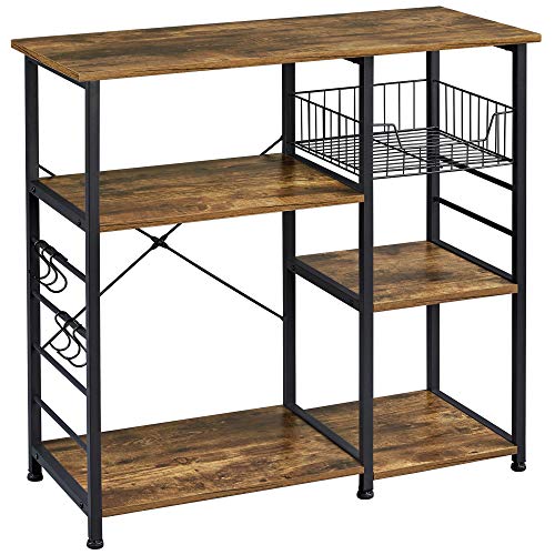 4-Tier Microwave Bar Cart Baker's Rack with Basket, Hooks, and Storage