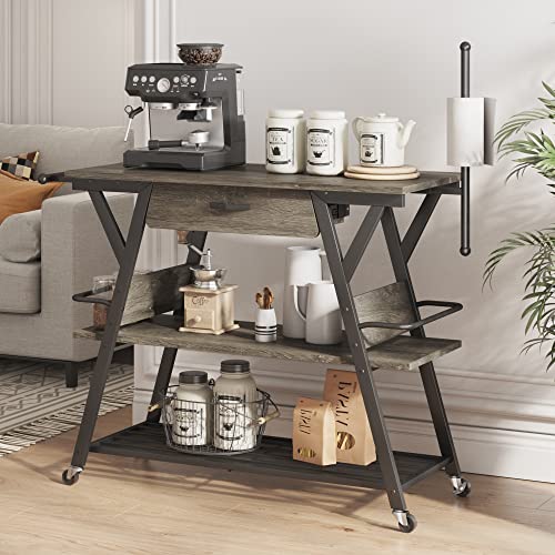 Gray Kitchen Island Cart with Storage: The Ultimate Coffee Bar & Dining Room Solution with Drawer, Paper Towel Holder, Lockable Wheels, and More!.