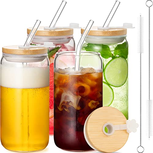16oz Beer Can Shaped Glass Cups with Bamboo Lids & Glass Straws - Set of 4 Eco-Friendly Tumblers for Iced Coffee, Smoothie, Cocktail, Wine, Whiskey, Tea, Soda, & Water.