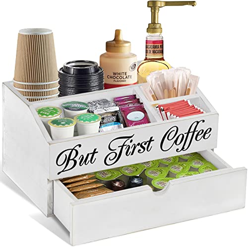 Wooden Coffee Station Organizer with K Cup Holder and Drawer - Countertop Accessory for Coffee Bar Decor and Tea Bag Storage - Perfect Gift for Coffee Lovers.