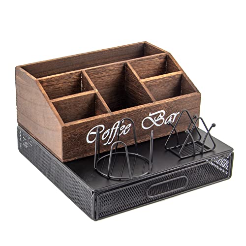 Wooden Coffee Bar Accessories Organizer with Capsule Drawer - Compact Under Coffee Pot Storage Sliding Drawer for 36 Capsule Pod Pack Holder - Perfect Coffee Station Organizer for Countertop.