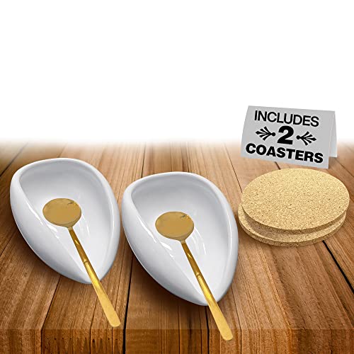 Keep Your Coffee Station Tidy with our White Ceramic Spoon Rest - Complete with 2 Spoons and 2 Cork Coasters - Perfect Accessories for Coffee Lovers and Kitchen Counters!