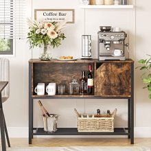 Modern buffet storage cabinet with a sleek wooden finish and metal frame, featuring adjustable shelves and cable management. Ideal for use in kitchens, living rooms, and offices.
