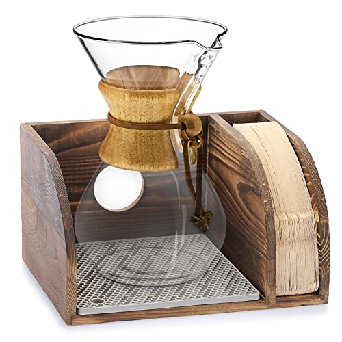 Rustic Coffee Stand Organizer for Chemex Coffee Makers with Filter Holder and Silicone Mat.