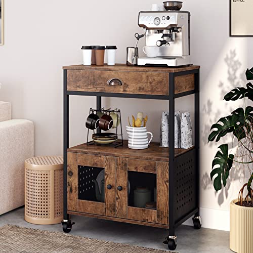 Rustic Brown Kitchen Baker's Rack & Coffee Bar: A Compact Cart with Storage, Shelf, Drawer & Wheels - Perfect for Your Small Kitchen & Coffee Needs!