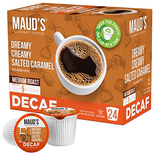 Maud's Decaf Salted Caramel Coffee (Dreamy Creamy Caramel), 24ct. Photo voltaic Vitality Produced Recyclable Single Serve Decaf Caramel Coffee Pods – 100% Arabica Coffee California Roasted, KCup Suitable.