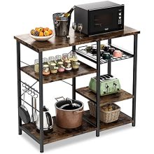 Rustic Brown Kitchen Rack & Coffee Bar: A Versatile 3-Tier + 3-Tier Storage Solution with 10 S-Shape Hooks - Perfect for Your Microwave, Oven, and More!