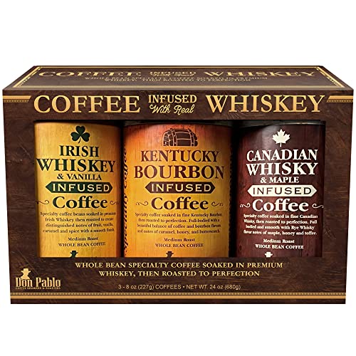 Whiskey-Infused Whole Bean Coffee Gift Set from Don Pablo - Three 8oz Coffees in an Elegant Gift Box.