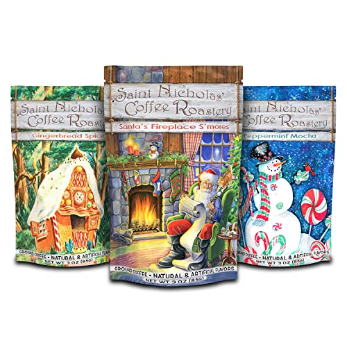 Christmas Coffee Trio Gift Set - 9oz of Festive Flavors in 3oz Bags with Decorative Packaging - Gingerbread Spice, Peppermint Mocha, Santa's Fireplace S'mores Medium Roasts for Mom, Coworkers, Teachers, and Adults - Perfect Gift or Stocking Stuffer.