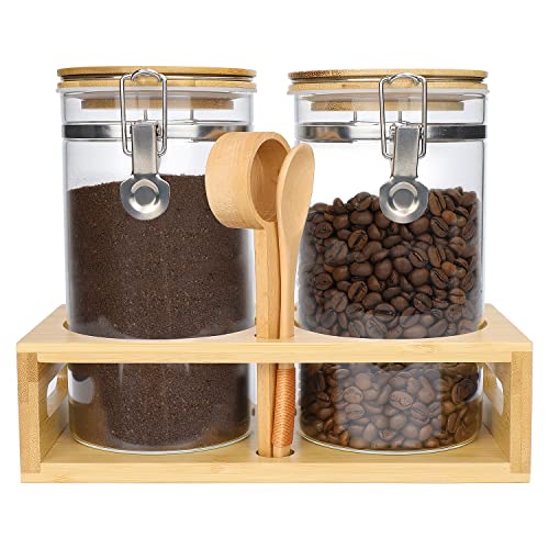 Glass Coffee Containers with Airtight Locking Clamp Bamboo Lids - 2Pcs 45oz BPA Free Coffee Canister Set