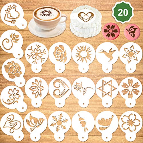 20 Pack Reusable Cookie Stencil Templates for Cake and Coffee Decoration - Floral Design Drawing Tools for Baking and Painting, Perfect for Cappuccino, Mousse, and Hot Chocolate.