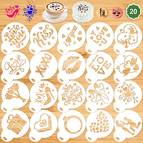 Valentine's Day Coffee Stencil, Konsait 20Pack Reusable Valentine's Day Cake Cookies Baking Portray Mould Instruments for Adorning Latte Oatmeal Cake Cookies Cappuccino Mousse Sizzling Chocolate.
