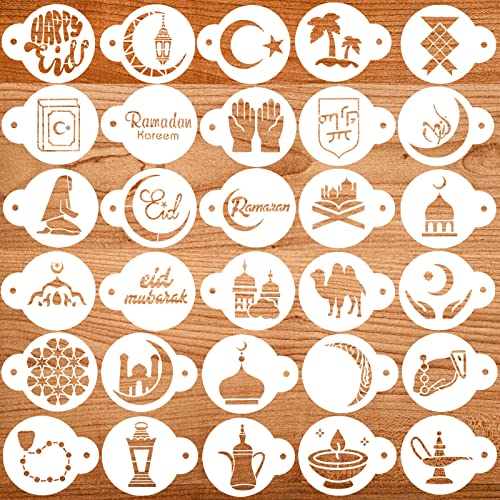 Eid Mubarak Coffee Stencils - 30 Pack Reusable Plastic Templates for Cake, Cupcake, and Chocolate Decorations - Perfect Ramadan Coffee Molds for Party Snack Decor.