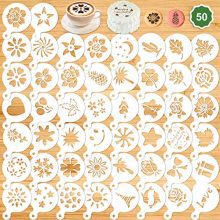 50 cake stencil templates with unique designs, ideal for decorating desserts, crafts, and DIY projects, made from eco-friendly PET plastic. 