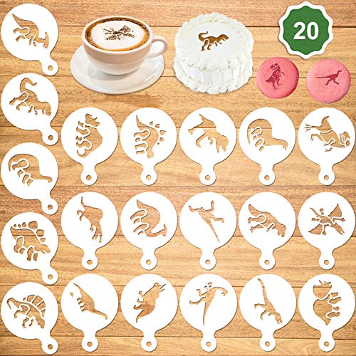 Dinosaur Cake Stencil Templates - Set of 20 - Ideal for Cake Decoration, Painting, and Coffee Decorating - Perfect for Cappuccino, Mousse, Hot Chocolate, and More.