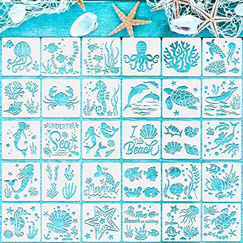 30 Pieces Sea Ocean Creatures Stencils Portray Sea Animal Templates DIY Creatures Sample Stencils for Scrapbooking Drawing Tracing Furnishings Wall Ground Decor Crafts, 5.1 x 5.1 Inch.