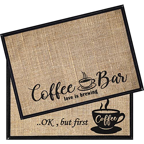 2 Pieces Coffee Bar Mat, 20 x 14 Inch Burlap Placemat with Cloth Backing Coffee Bar Equipment Decor for Coffee Machine, Coffee Bar, Coffee Station Equipment Decor (First Coffee).