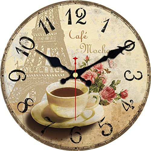 14-Inch Silent Non-Ticking Wall Clock with Eiffel Tower and Coffee Design - Battery Operated Clock for Home Décor in Living Room, Bedroom, Kitchen, and Office.