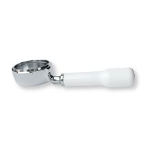 58mm bottomless portafilter with a white glossy handle and precision basket, designed for E61 espresso machines including Rocket, ECM, and Lelit