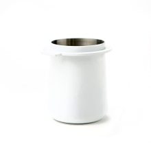 Crema Coffee Products 54mm Dosing Cup in white, made from 100% stainless steel, designed to fit Breville portafilters and streamline espresso preparation.
