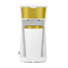 Holstein Housewares Single Serve Coffee Maker in white and gold with a reusable filter and 14oz travel mug.