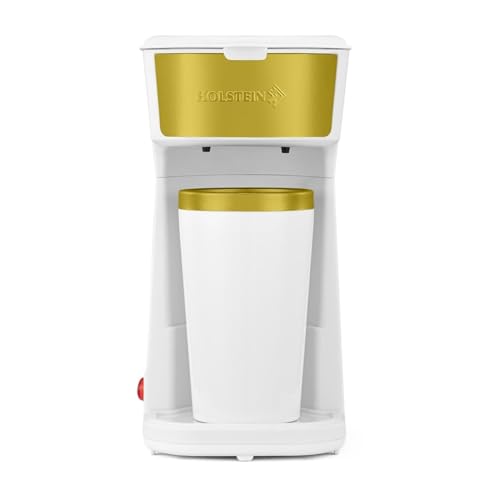 Holstein Housewares Single Serve Coffee Maker in white and gold with a reusable filter and 14oz travel mug.