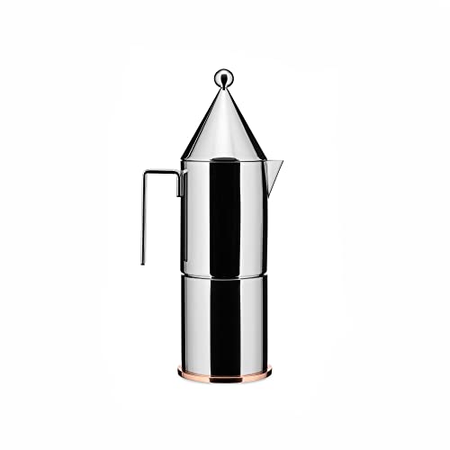 Alessi LA CONICA 6-Cup Espresso Coffee Maker with copper bottom, designed by Aldo Rossi, showcasing its sleek stainless steel body and elegant design.