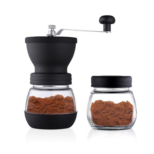 Manual Coffee Grinder with adjustable conical burr, large glass container, and additional sealing can, perfect for home, office, and travel