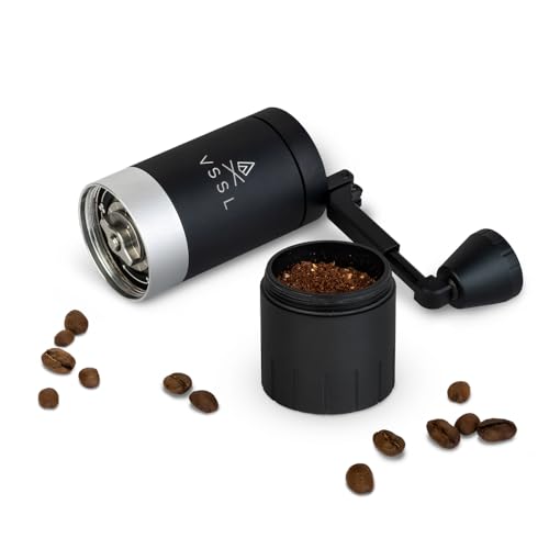 VSSL Java G25 Manual Coffee Grinder featuring stainless steel conical burrs, adjustable grind settings, and a compact design with a carabiner position for easy carrying and storage.