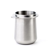 Brushed silver 54mm dosing cup made of 100% stainless steel, designed to fit Breville portafilters, featuring a built-in grinder tab and sleek modern design.