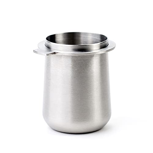 Brushed silver 54mm dosing cup made of 100% stainless steel, designed to fit Breville portafilters, featuring a built-in grinder tab and sleek modern design.