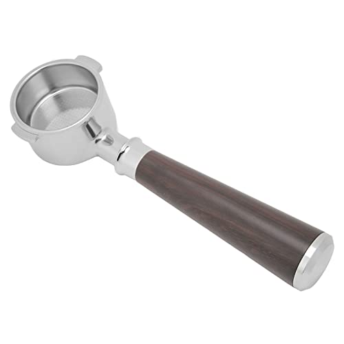 51mm Stainless Steel Bottomless Portafilter with African Blackwood Handle, compatible with Delonghi coffee machines, shown in a close-up shot highlighting the wooden handle and stainless steel filter basket. 