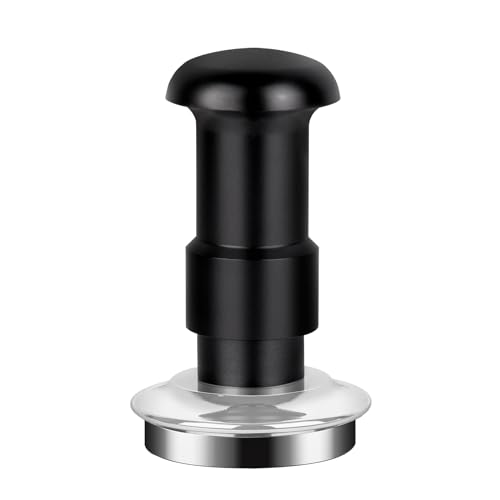 58mm calibrated espresso tamper with dual-spring load, ergonomic aluminum handle, and flat stainless steel base, designed for precise and consistent coffee tamping.