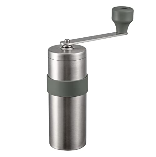 Compact HARIO V60 Metal Coffee Grinder in Silver, Featuring Stainless Steel Body, Ceramic Burr, and Ergonomic Handle