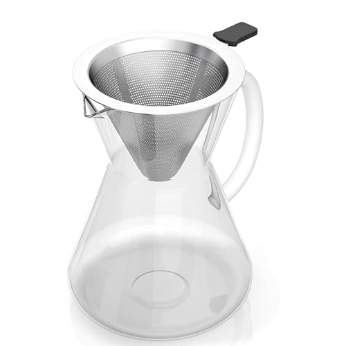 Pour over coffee maker with a stainless steel filter and borosilicate glass carafe, featuring a glass handle with anti-scalding silicone, designed for manual coffee brewing without paper filters.