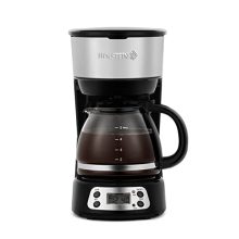 Holstein Housewares 5-Cup Programmable Coffee Maker in black and stainless steel, featuring a glass carafe with measurement marks