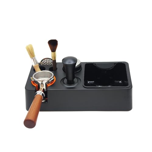 A black espresso knock box and organizer with compartments for 51-58mm espresso accessories, including a tamper, distributor, portafilter, and puck screen, designed to keep your coffee station tidy and efficient.