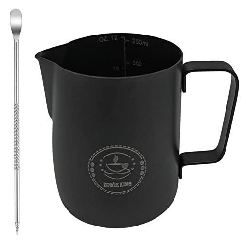 "12oz Black Stainless Steel Milk Frothing Pitcher with Ergonomic Handle and Latte Art Pen 