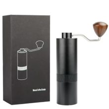 DelmoreShop Manual Coffee Grinder in sleek black finish with stainless steel burr, portable and adjustable for all brewing methods