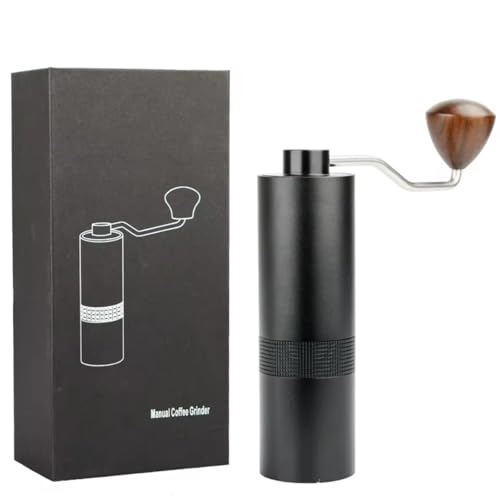 DelmoreShop Manual Coffee Grinder in sleek black finish with stainless steel burr, portable and adjustable for all brewing methods