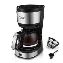 Gevi 4-Cup Coffee Maker with auto-shut off, compact design, swing-out brew basket, stainless steel finish, and nonstick warming plate, perfect for home and office use