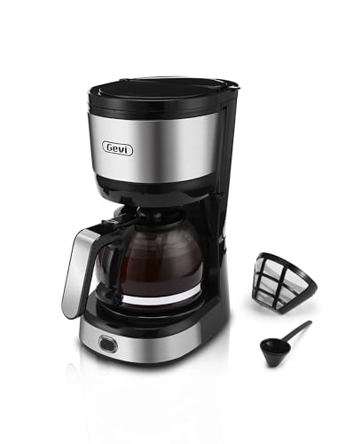 Gevi 4-Cup Coffee Maker with auto-shut off, compact design, swing-out brew basket, stainless steel finish, and nonstick warming plate, perfect for home and office use