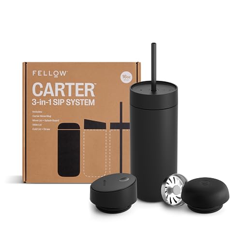 Fellow 16 oz Carter Bundle in Matte Black showing Move Lid, Slide Lid, and Cold Lid with Straw on a white background.