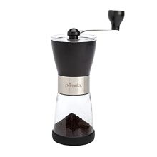 Primula Manual Adjustable Burr Coffee Grinder featuring a brushed stainless steel body and ceramic mill, ideal for grinding coffee beans for French Press, Cold Brew, and Espresso with adjustable settings. 