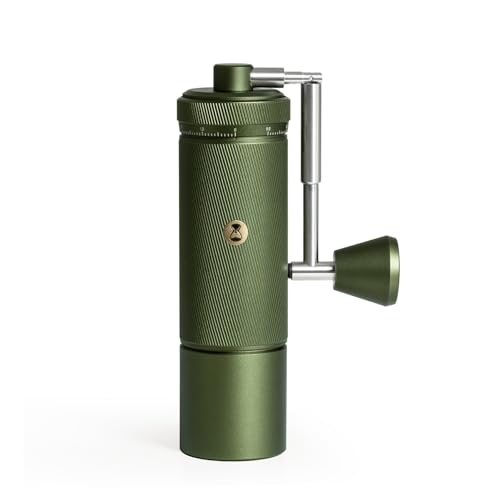 TIMEMORE Chestnut S3 Manual Coffee Grinder with green metal body, precision adjustment scale, and foldable handle, suitable for travel and home use. 