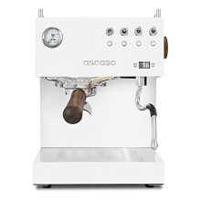 Ascaso Steel UNO PID Espresso Machine with programmable settings and walnut wood handle, showcasing sleek white finish and durable construction.